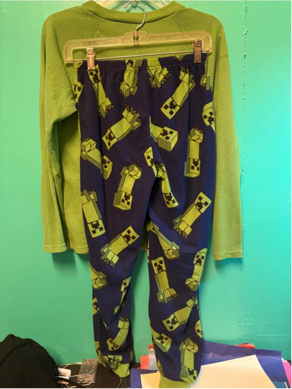 Boys Minecraft Pajama Set Green Blue Size L